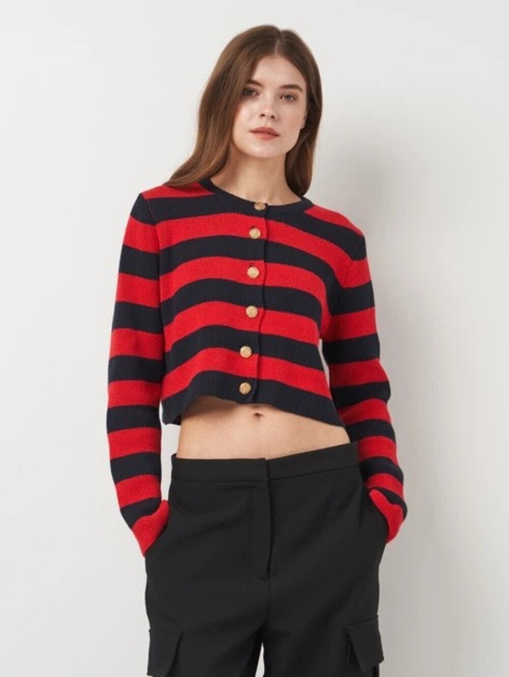 ZARA Striped Red & Navy Cropped Button Cardigan